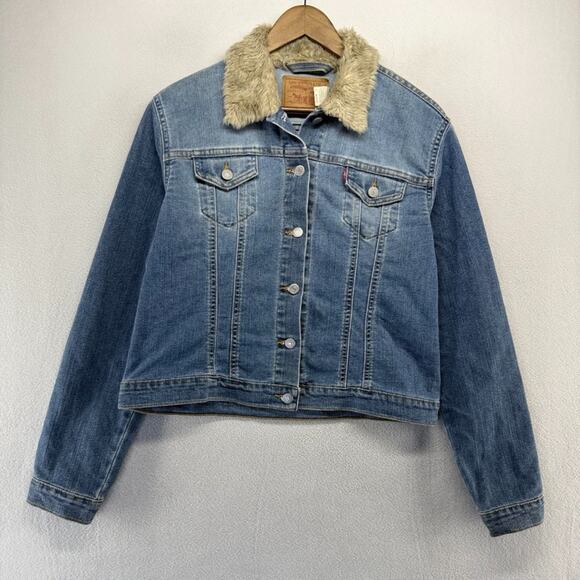 Vintage Levis Denim Jacket Women's Large MIS blue Fur Collar 77735-0361 Cropped - Picture 1 of 11